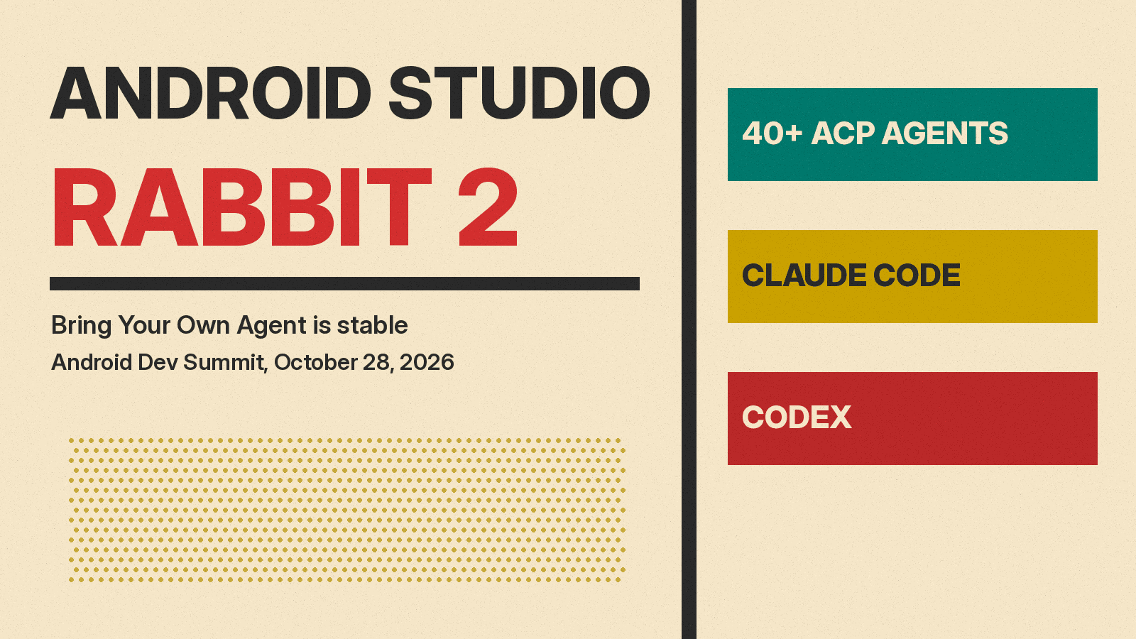 Olivetti-style poster reading Android Studio Rabbit 2, Bring Your Own Agent is stable, with blocks for 40+ ACP agents, Claude Code and Codex on cream paper.