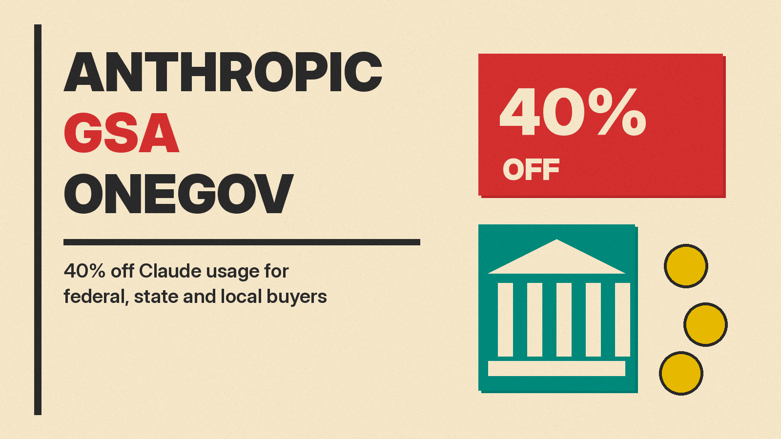 Olivetti-style cover reading ANTHROPIC GSA ONEGOV with a large red 40% OFF block, a teal government building icon and mustard token coins on cream paper