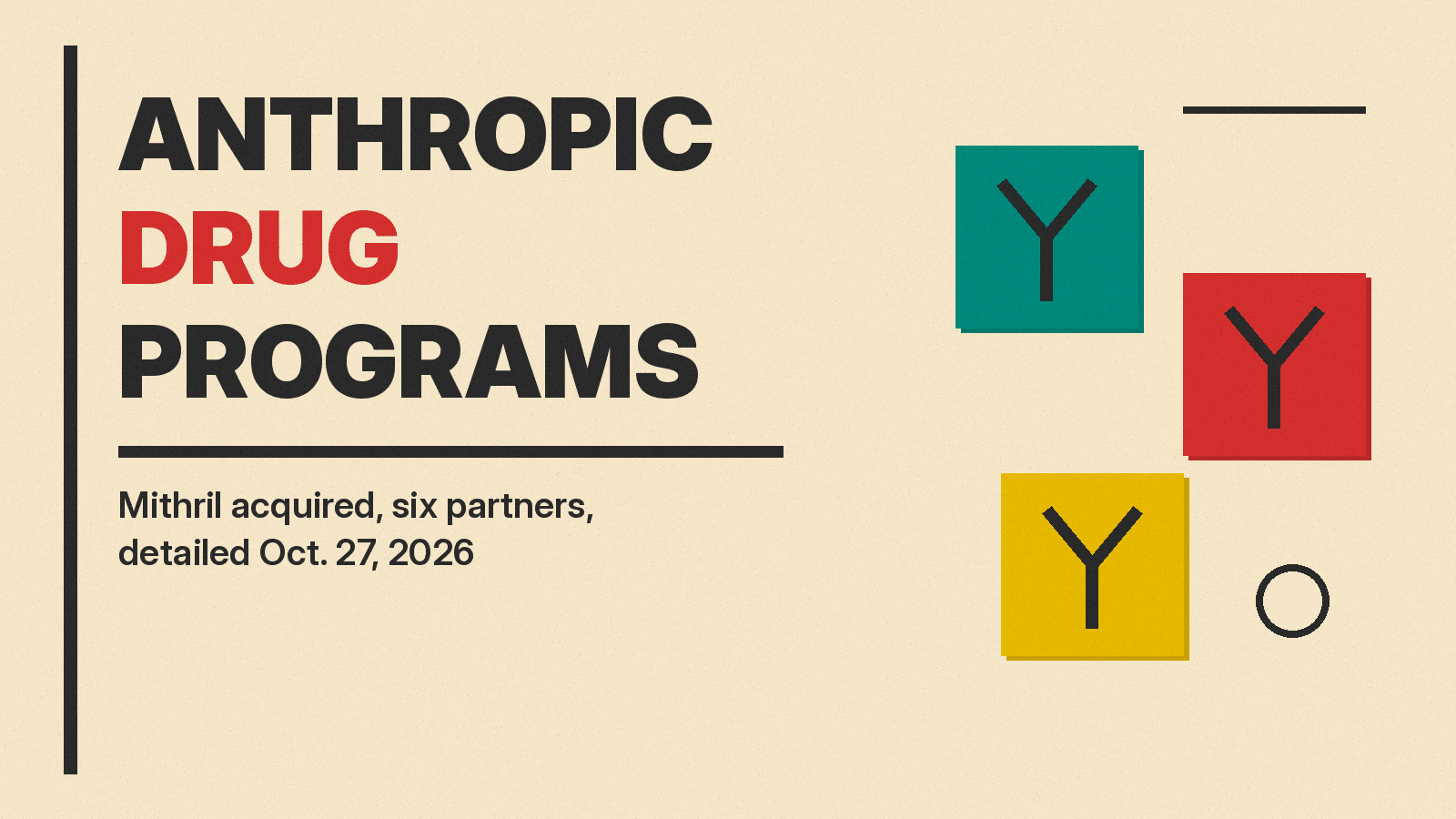 Olivetti-style cover reading ANTHROPIC DRUG PROGRAMS with three antibody shapes in teal, red and mustard blocks on cream paper