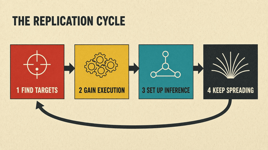 Four-stage cycle: find targets, gain execution, set up inference, keep spreading, then loop back