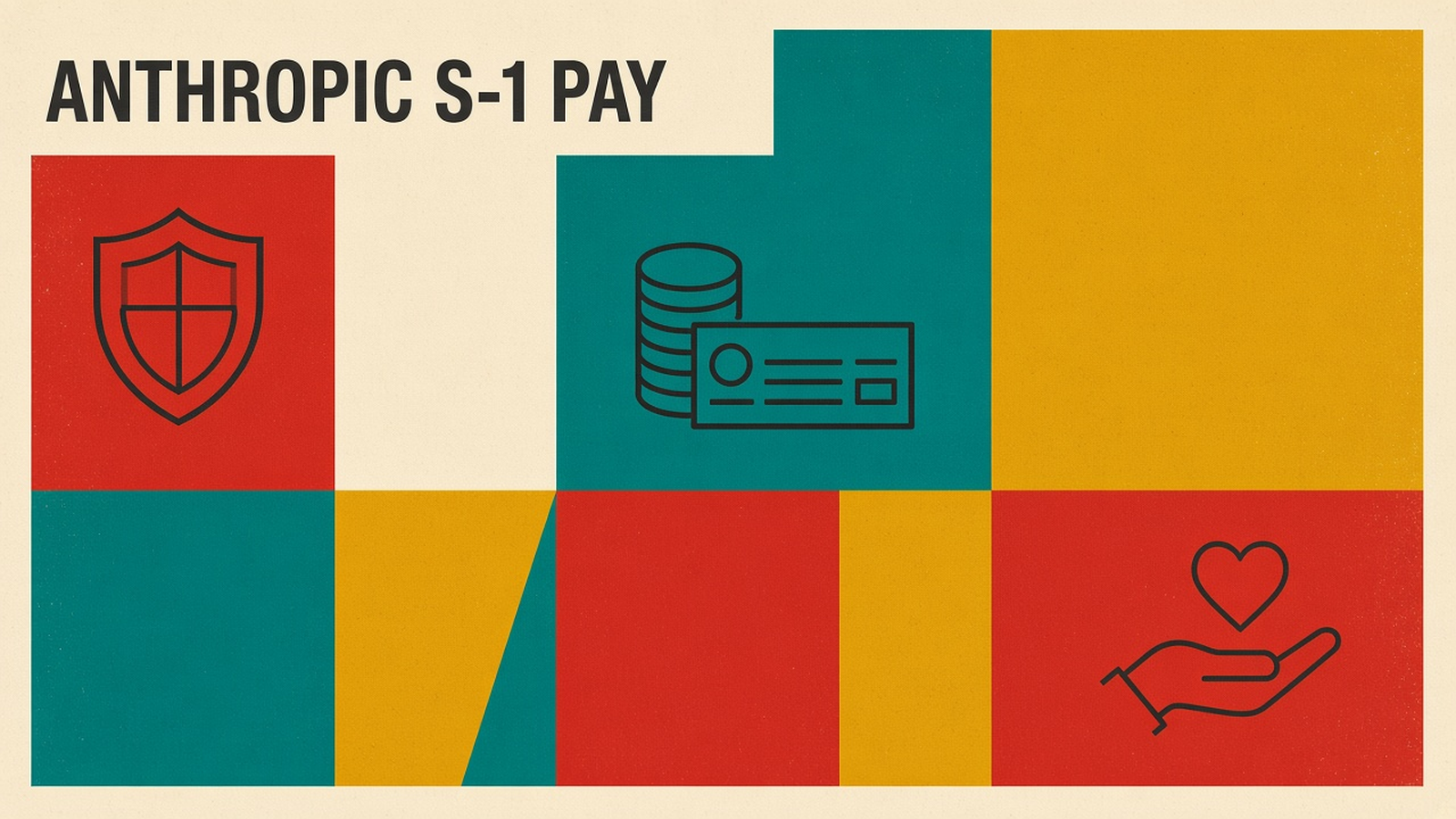 Olivetti-style cover reading ANTHROPIC S-1 PAY with line icons of a shield, a coin stack with a paycheck, and a hand holding a heart on red, teal and mustard blocks