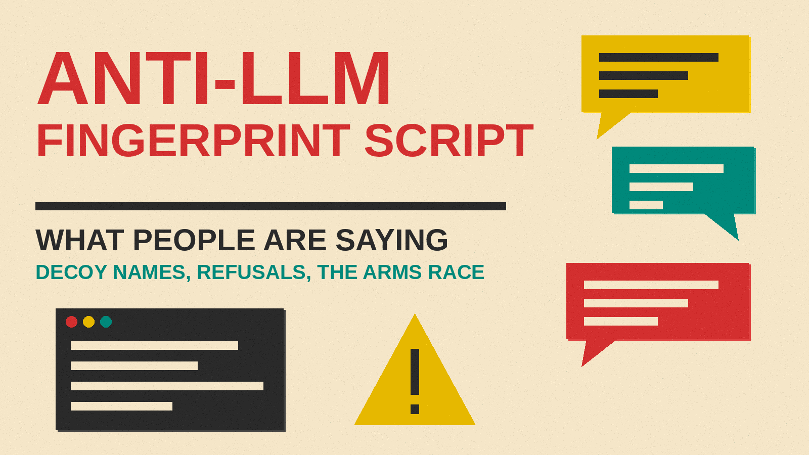 Olivetti-style cover reading Anti-LLM Fingerprint Script, What People Are Saying, with a code window, a warning sign and speech bubbles
