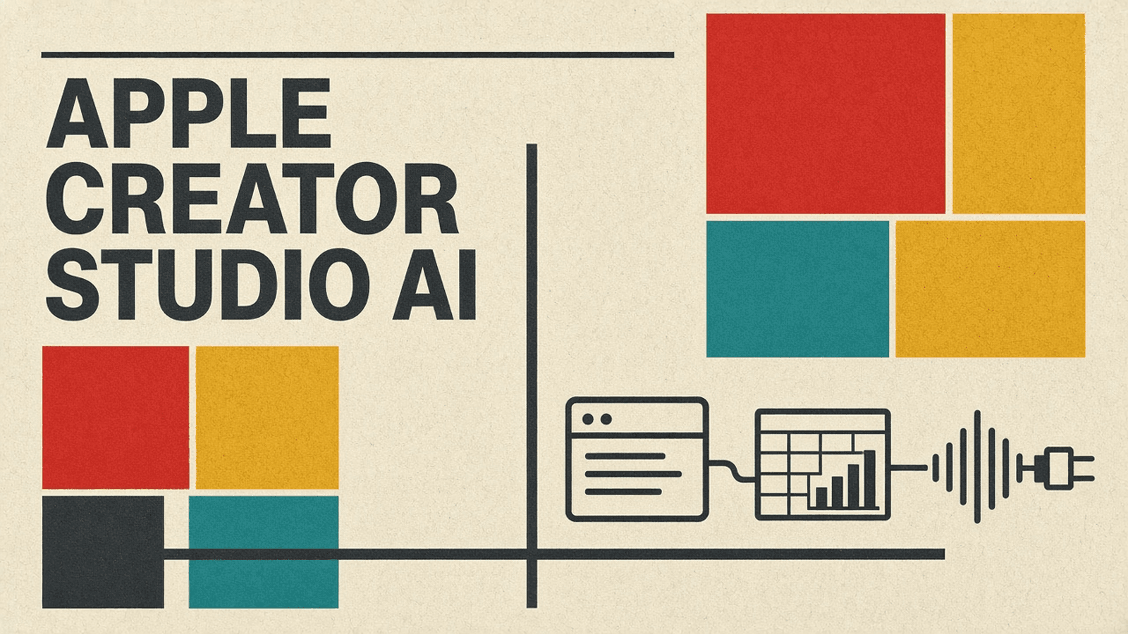 Olivetti-style cover reading APPLE CREATOR STUDIO AI, with line icons of a slide deck, a spreadsheet grid, a music waveform and a plug connector on cream paper