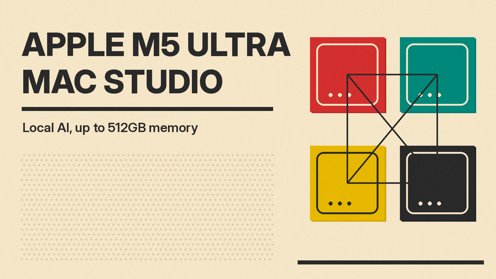 Olivetti-style cover reading Apple M5 Ultra Mac Studio for local AI, up to 512GB memory, with four colored Mac Studio blocks wired in a full mesh
