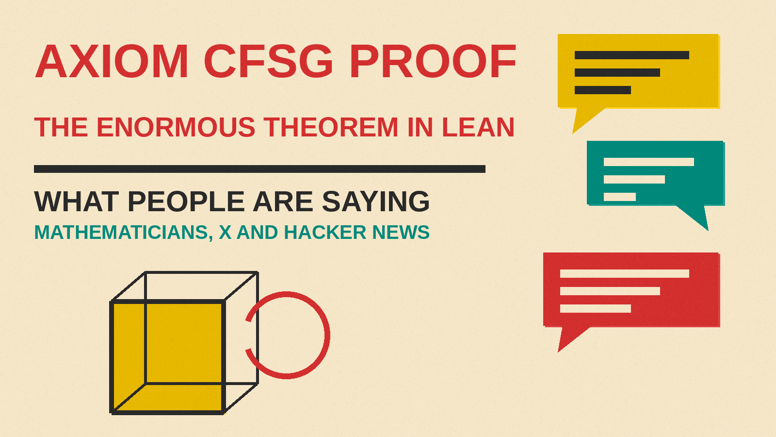 Olivetti-style cover reading Axiom CFSG Proof, The Enormous Theorem in Lean, What People Are Saying: Mathematicians, X and Hacker News, with a cube icon and speech bubbles