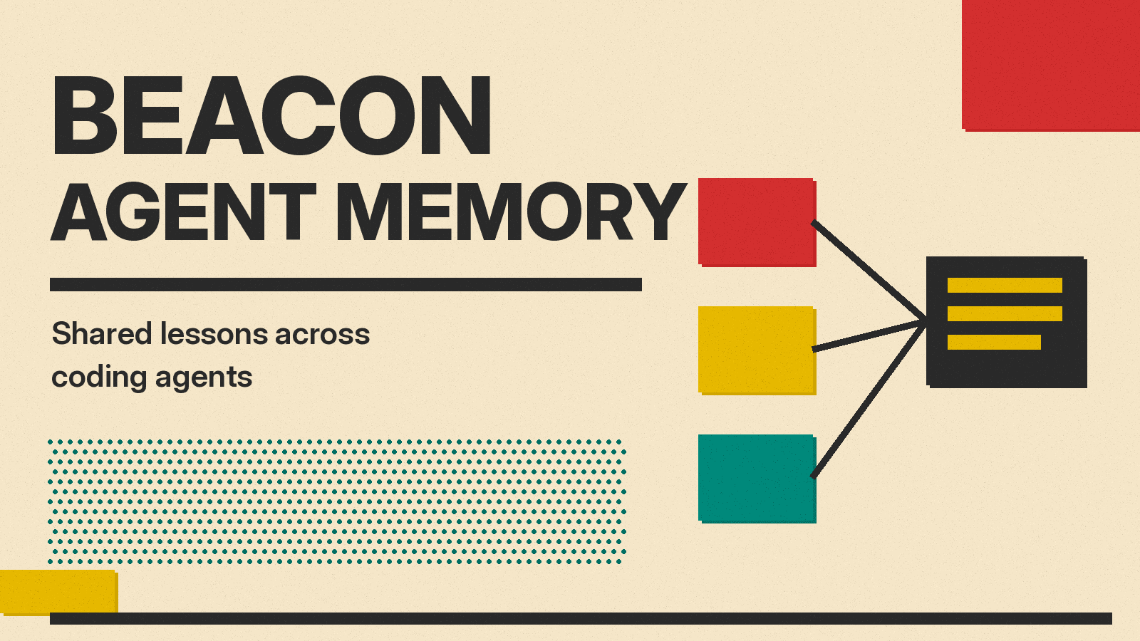 Olivetti-style cover reading Beacon Agent Memory, with three agent boxes feeding one shared memory block in red, mustard and teal on cream paper