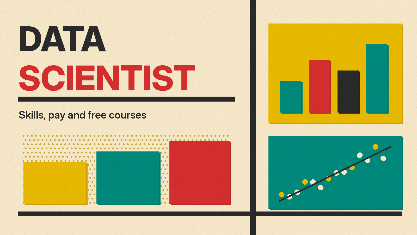 Olivetti-style cover reading DATA SCIENTIST on cream paper, with a bar chart, a scatter plot icon and colored blocks.