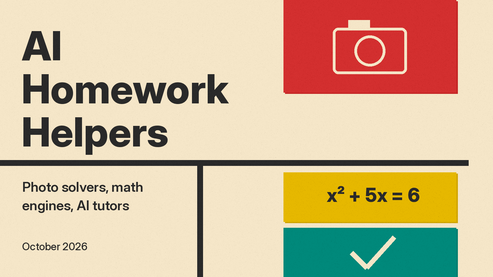 Olivetti-style cover: AI Homework Helpers title on cream paper with red, mustard and teal blocks showing a camera, a math formula and a check mark