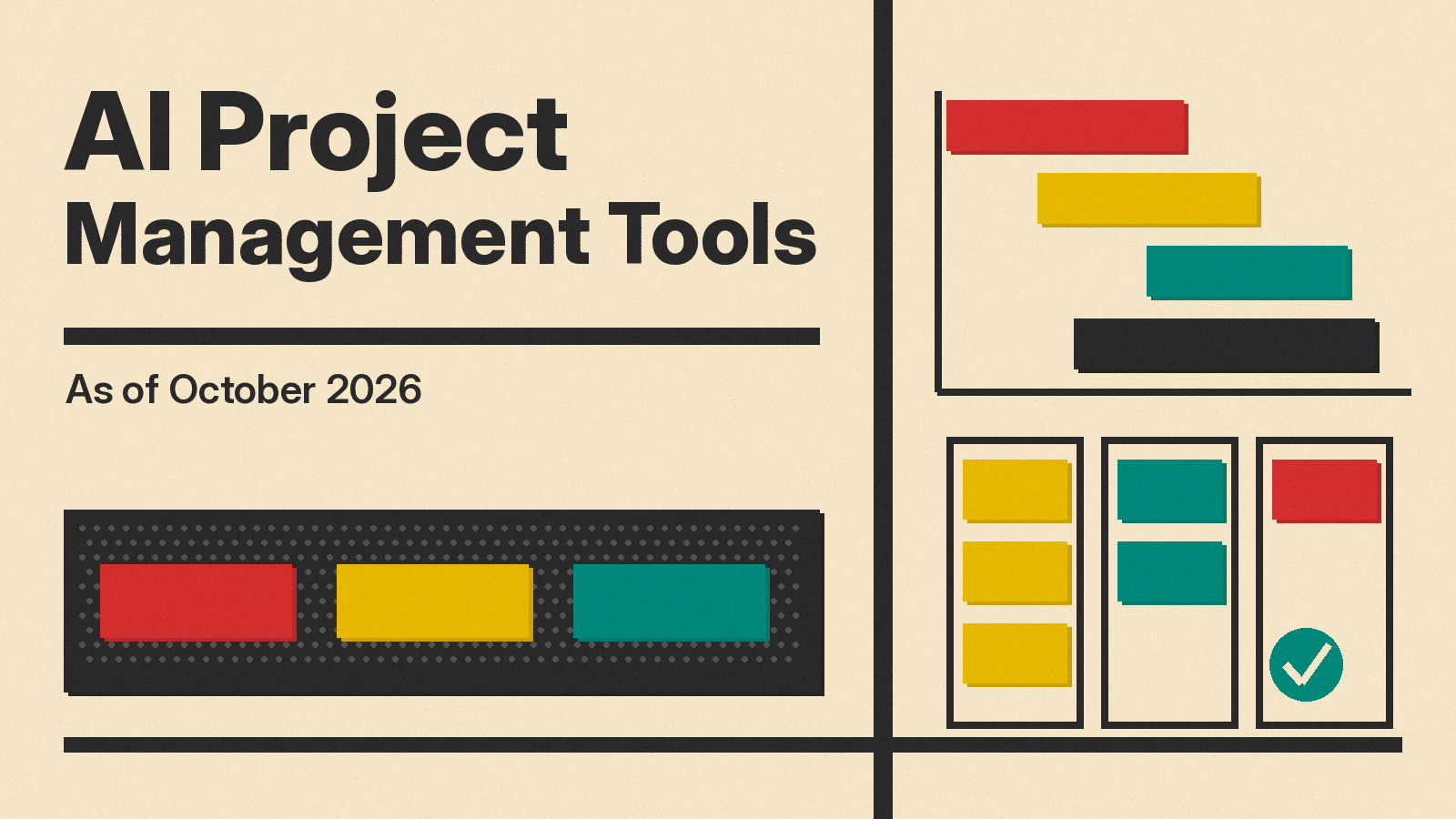 Olivetti-style cover reading AI Project Management Tools, with a Gantt chart, a task board and a checkmark, in red, mustard and teal on cream paper