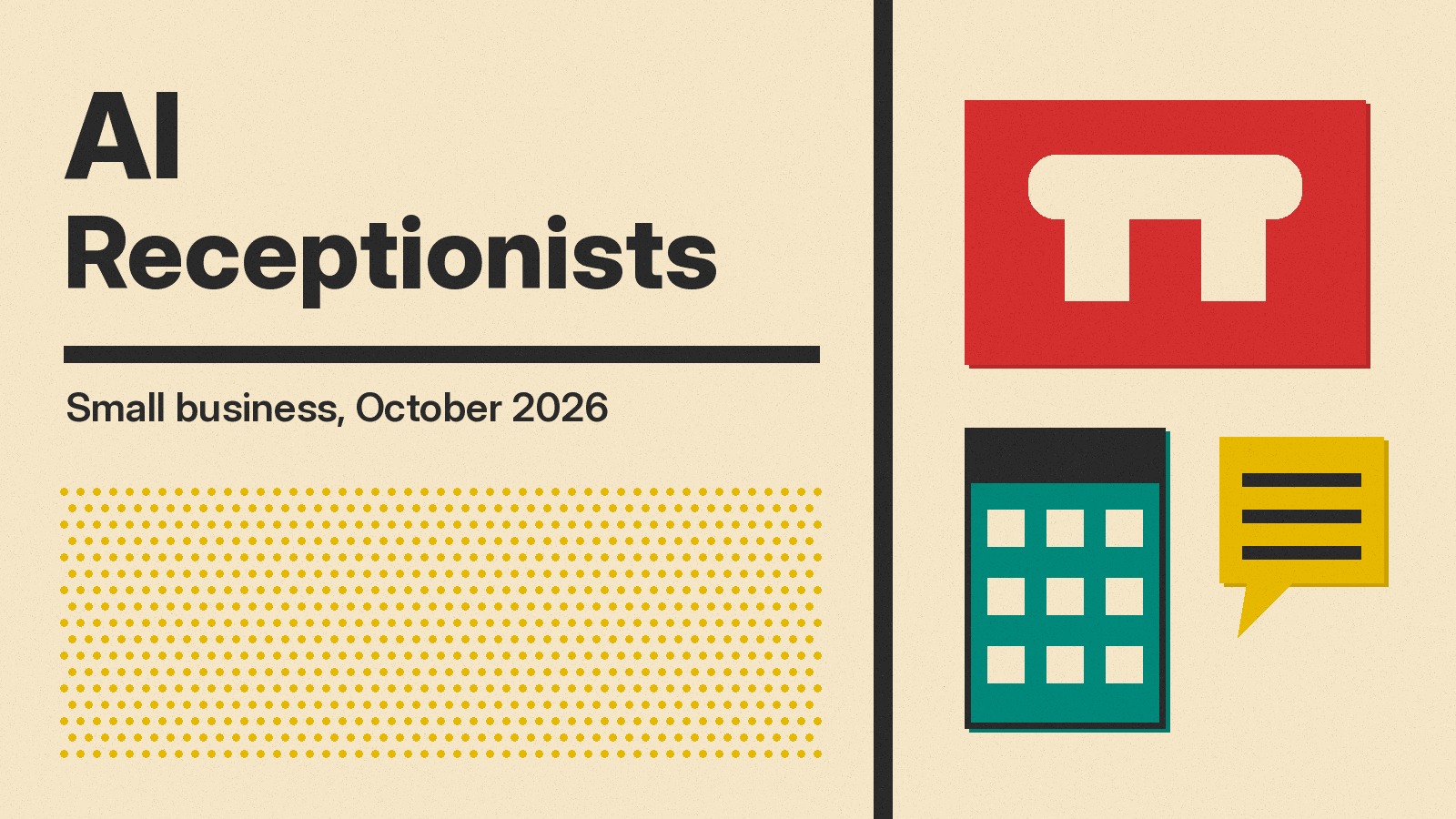 Olivetti-style cover reading AI Receptionists, with a phone handset, a calendar and a speech bubble in red, teal and mustard on cream paper