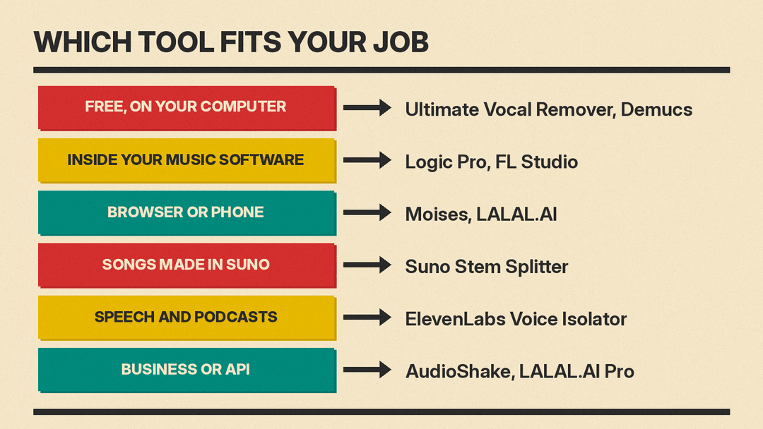 Decision chart matching six needs to tools: free and local to Ultimate Vocal Remover or Demucs, in your software to Logic Pro or FL Studio, browser or phone to Moises or LALAL.AI, Suno songs to Suno Stem Splitter, speech to ElevenLabs Voice Isolator, business and API to AudioShake or LALAL.AI Pro