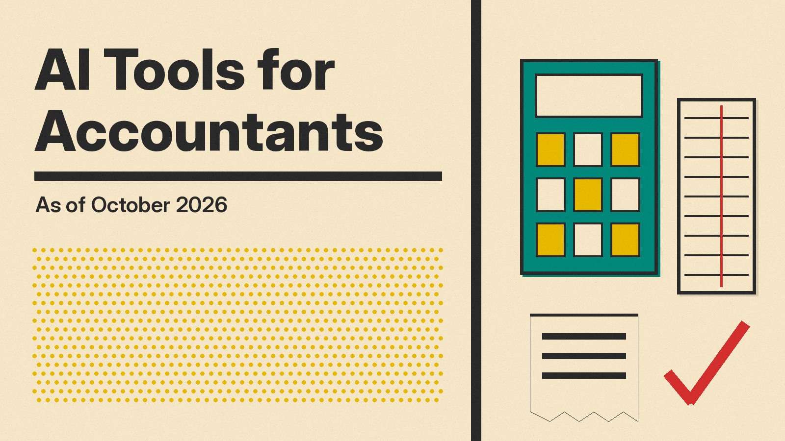 Olivetti-style cover reading AI Tools for Accountants, with a calculator, a ledger sheet, a receipt and a check mark in teal, mustard and red on cream paper