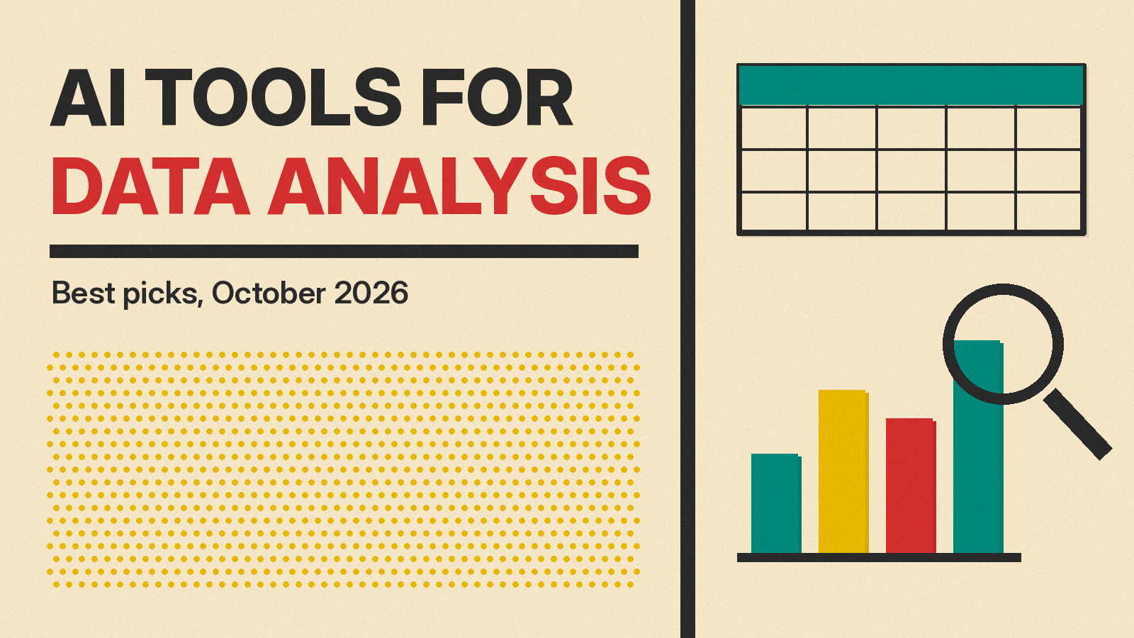 Olivetti-style cover reading AI Tools for Data Analysis, with a bar chart, a data table grid and a magnifier in red, teal and mustard on cream paper