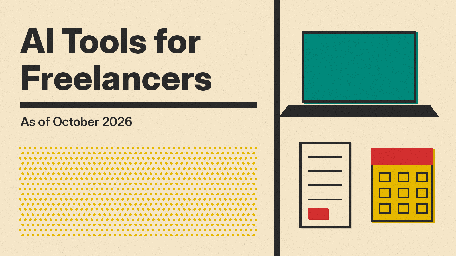 Olivetti-style cover reading AI Tools for Freelancers, with a laptop, an invoice sheet and a calendar in red, mustard and teal on cream paper