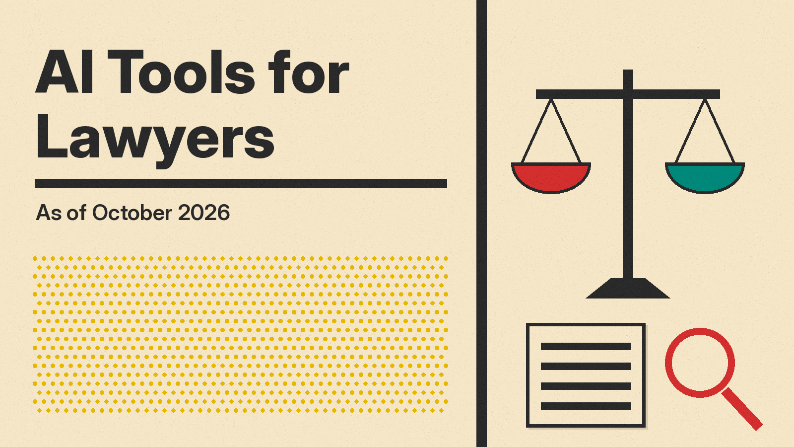 Olivetti-style cover reading AI Tools for Lawyers, with a scale, a document and a magnifier in red, mustard and teal on cream paper