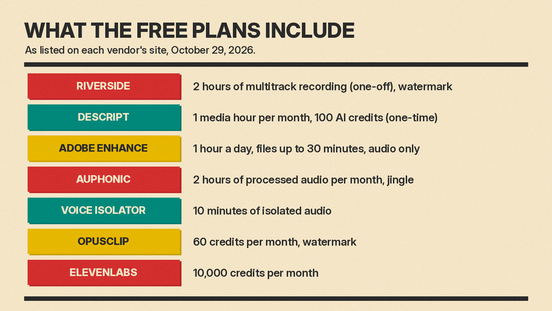 Table of free plans as of October 29, 2026: Riverside 2 hours of multitrack recording (one-off) with watermark, Descript 1 media hour per month, Adobe Enhance Speech 1 hour a day, Auphonic 2 hours per month with jingle, Voice Isolator 10 minutes, OpusClip 60 credits per month with watermark, ElevenLabs 10,000 credits per month