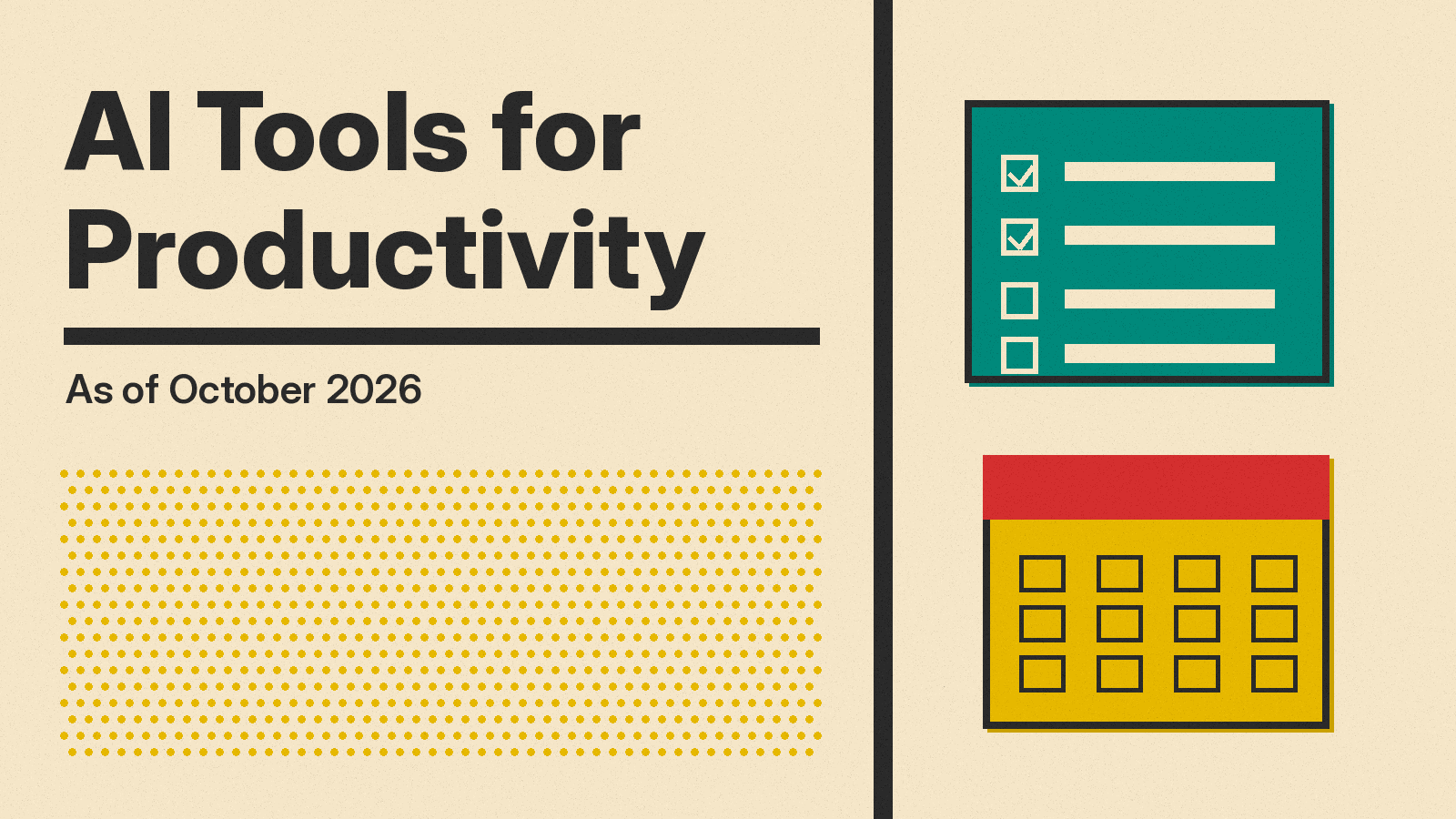 Olivetti-style cover reading AI Tools for Productivity, with a checklist, calendar block and chat panel in red, mustard and teal on cream paper