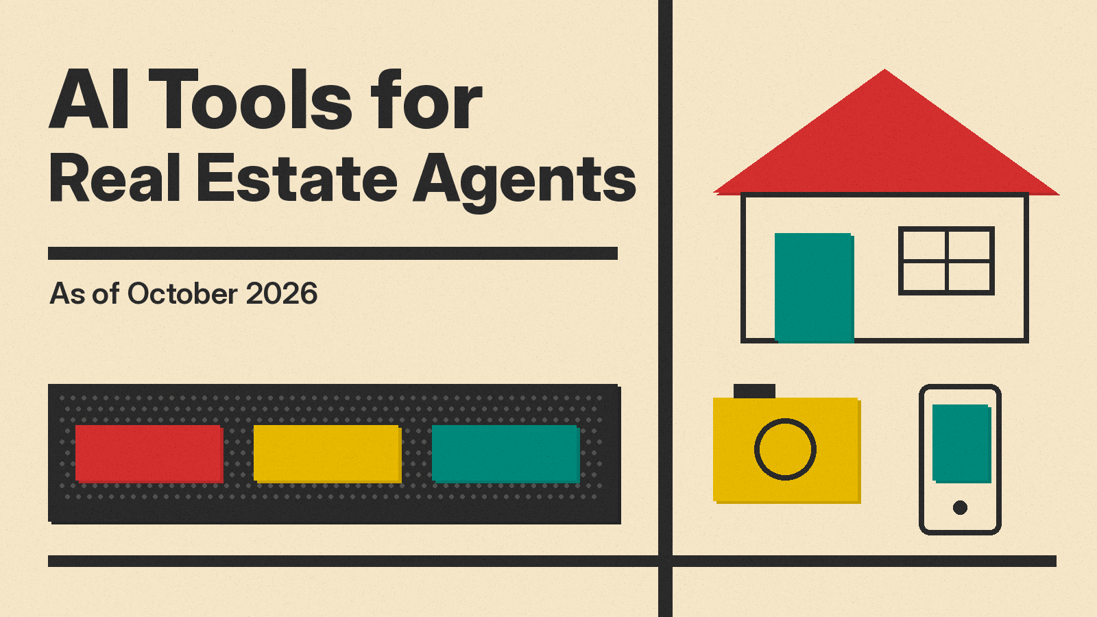 Olivetti-style cover reading AI Tools for Real Estate Agents, with a house outline, a camera and a phone in red, mustard and teal on cream paper