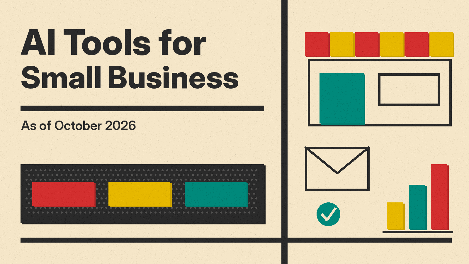 Olivetti-style cover reading AI Tools for Small Business, with a storefront, an envelope and a bar chart in red, mustard and teal on cream paper
