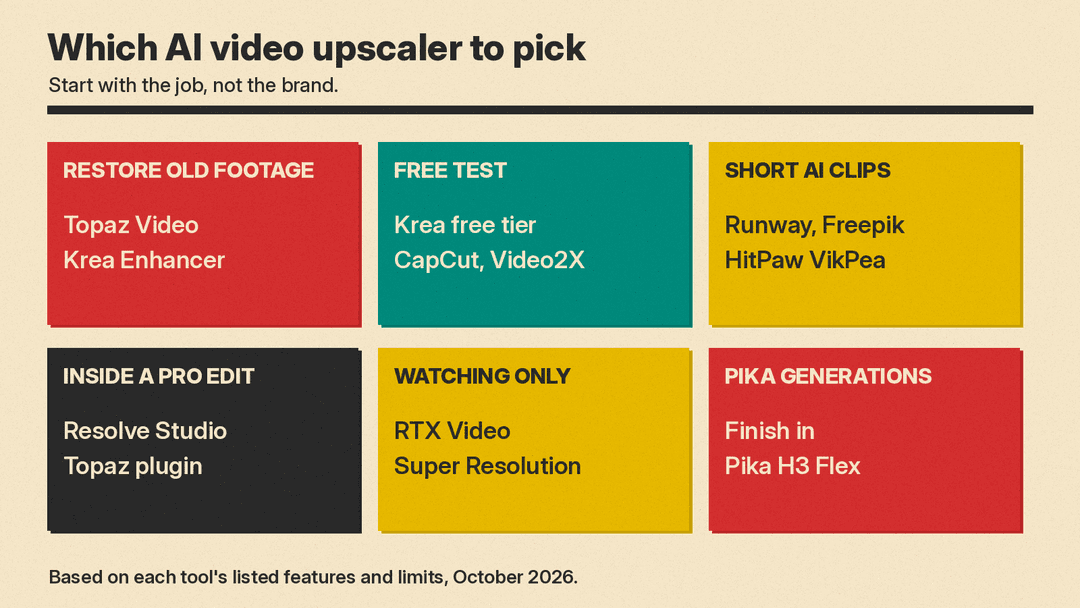 Which AI video upscaler to pick by job: restore old footage, quick free test, short 4K clip, inside an editor, open source, or better playback