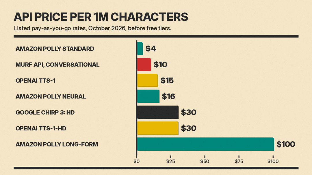 Bar chart of listed API prices per 1 million characters: Amazon Polly Standard $4, Murf conversational $10, OpenAI tts-1 $15, Amazon Polly Neural $16, Google Chirp 3 HD $30, OpenAI tts-1-hd $30, Amazon Polly Long-Form $100