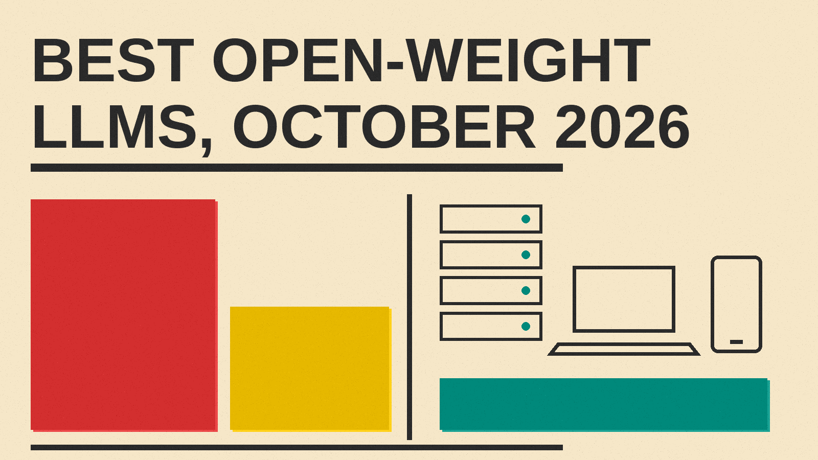 Olivetti-style cover reading BEST OPEN-WEIGHT LLMS OCTOBER 2026 with red, mustard and teal blocks, a server rack, a laptop and a phone icon