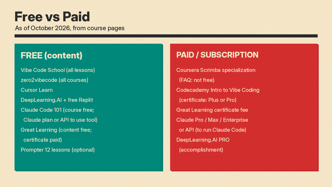 Panel titled Free vs Paid listing free-content courses (Vibe Code School, zero2vibecode, Cursor Learn, DeepLearning.AI with Replit, Claude Code 101 with Claude plan or API, Great Learning content) against paid or subscription paths (Coursera Scrimba specialization, Codecademy Plus or Pro for certificate, Great Learning paid certificate)