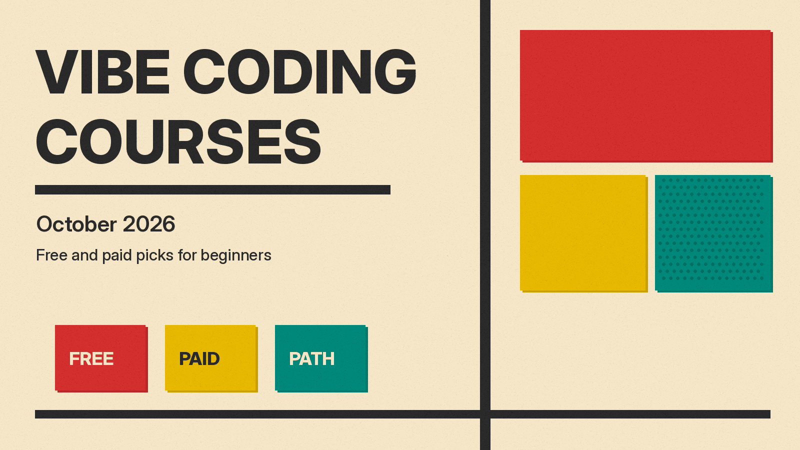 Olivetti-style brochure cover with the words VIBE CODING COURSES on cream paper with red, mustard, and teal blocks.