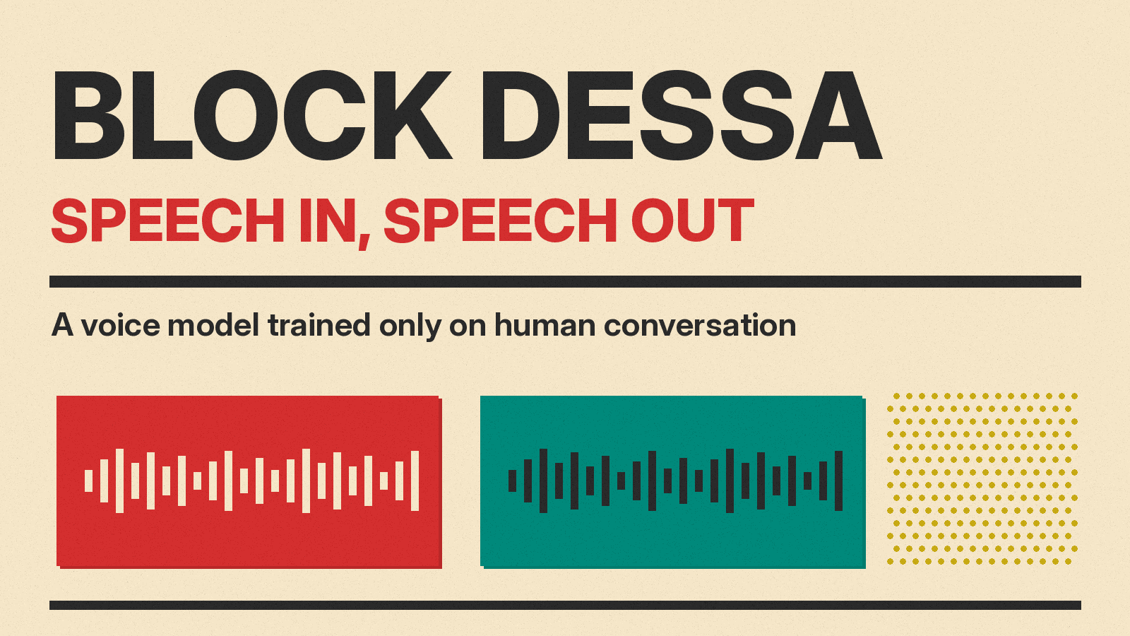 Olivetti-style cover reading Block Dessa, with a red and teal pair of speech waves overlapping on cream paper