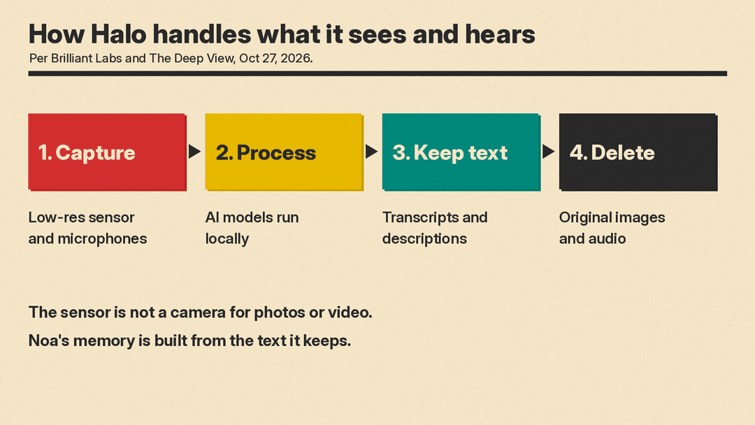 Four-step flow of how Halo handles what it sees and hears: capture with a low-res sensor and mics, process with local AI models, keep transcripts and descriptions, delete the original images and audio.