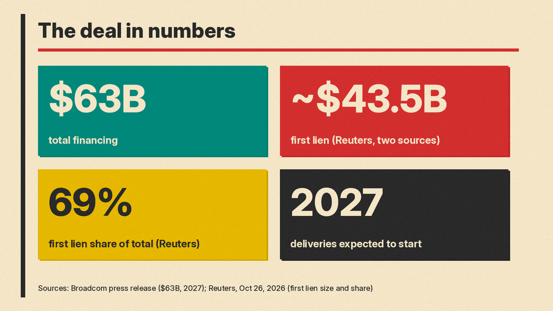 Number panel: $63 billion total financing; about $43.5 billion first lien, 69% of the total, per two sources cited by Reuters; deliveries expected to start in calendar 2027