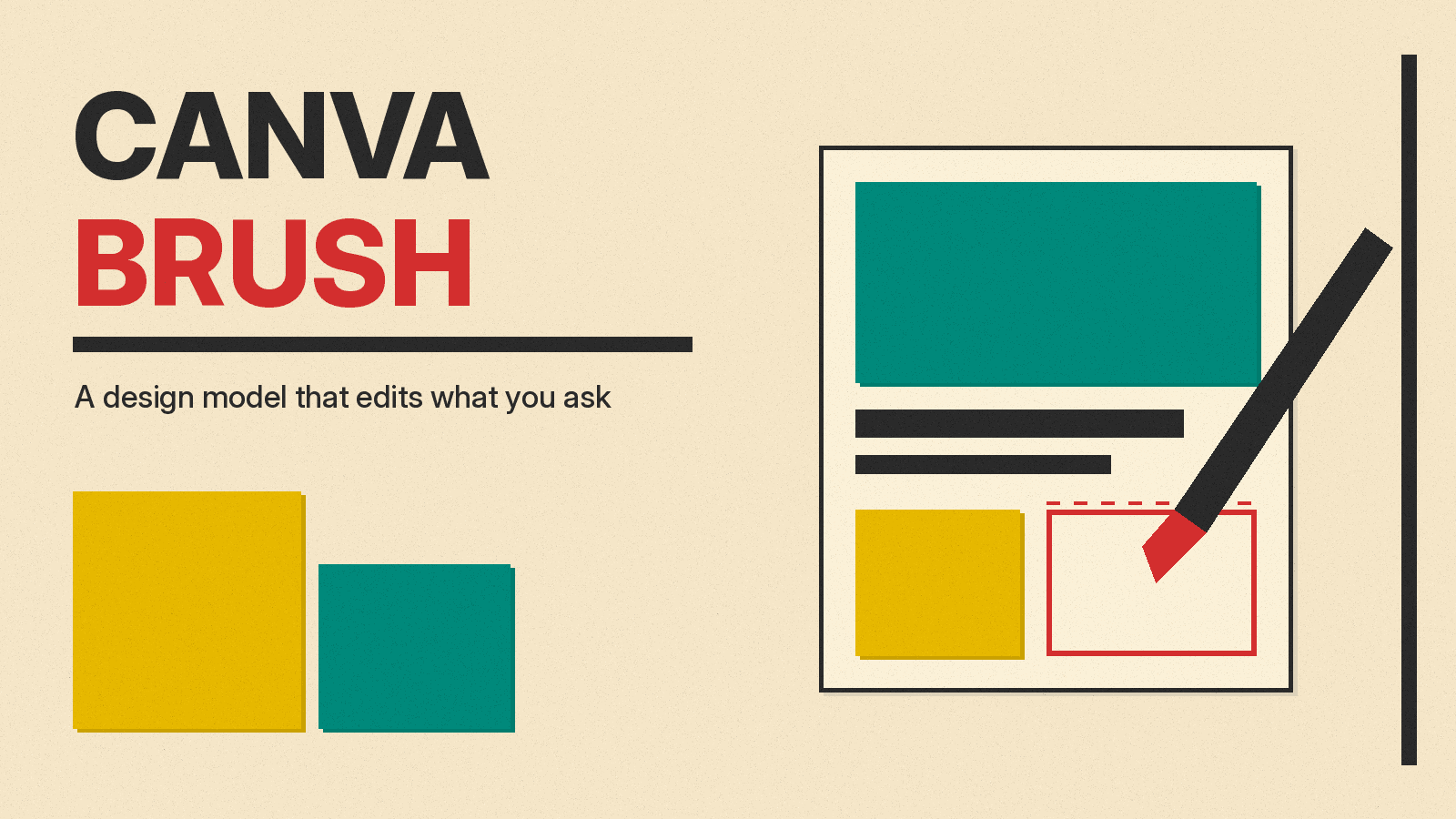 Olivetti-style cover reading CANVA BRUSH, with a flat layered design card and a red-tipped brush marking one element for editing