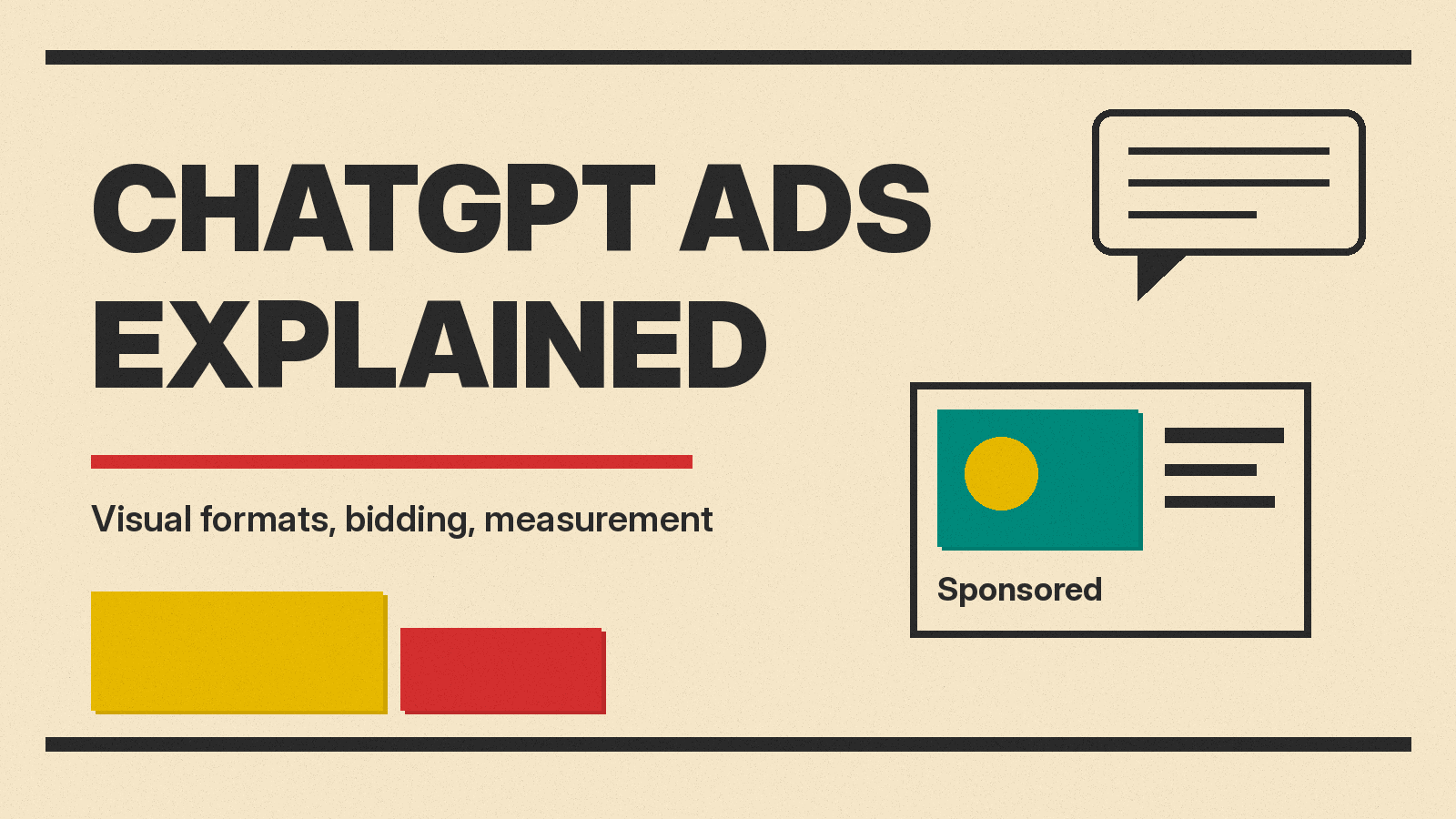 Olivetti-style cover reading ChatGPT Ads Explained, with a chat bubble and a sponsored ad card
