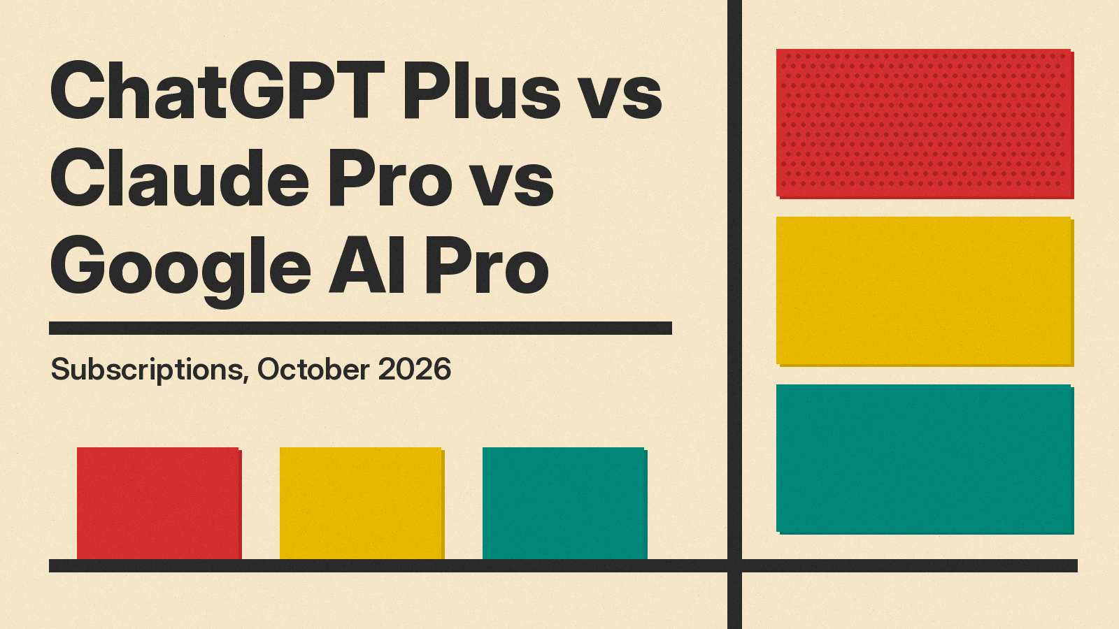 Cover reading ChatGPT Plus vs Claude Pro vs Google AI Pro, Subscriptions, October 2026, with red, mustard, and teal blocks