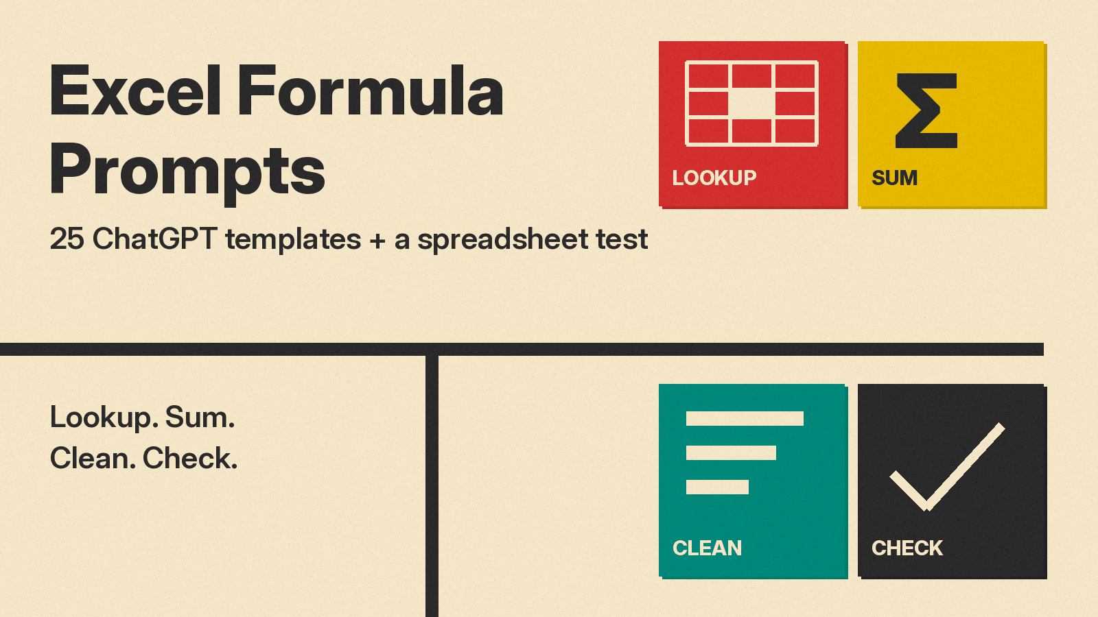 Olivetti-style cover: Excel Formula Prompts title on cream paper beside red, mustard, teal and charcoal blocks marked lookup, sum, clean and check