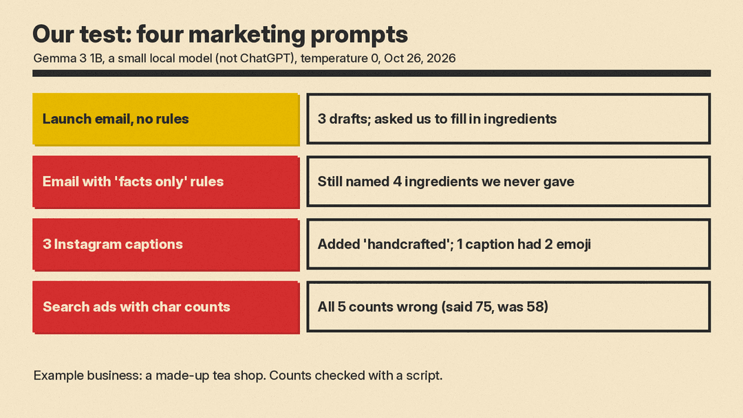 Table chart of results from our test of four marketing prompts on Gemma 3 1B, a small local model: the email with no rules gave 3 drafts with brackets for ingredients, the email with facts-only rules still named 4 ingredients we never gave, the Instagram captions added the word handcrafted and one had 2 emoji, and all 5 of the model's character counts for search ads were wrong