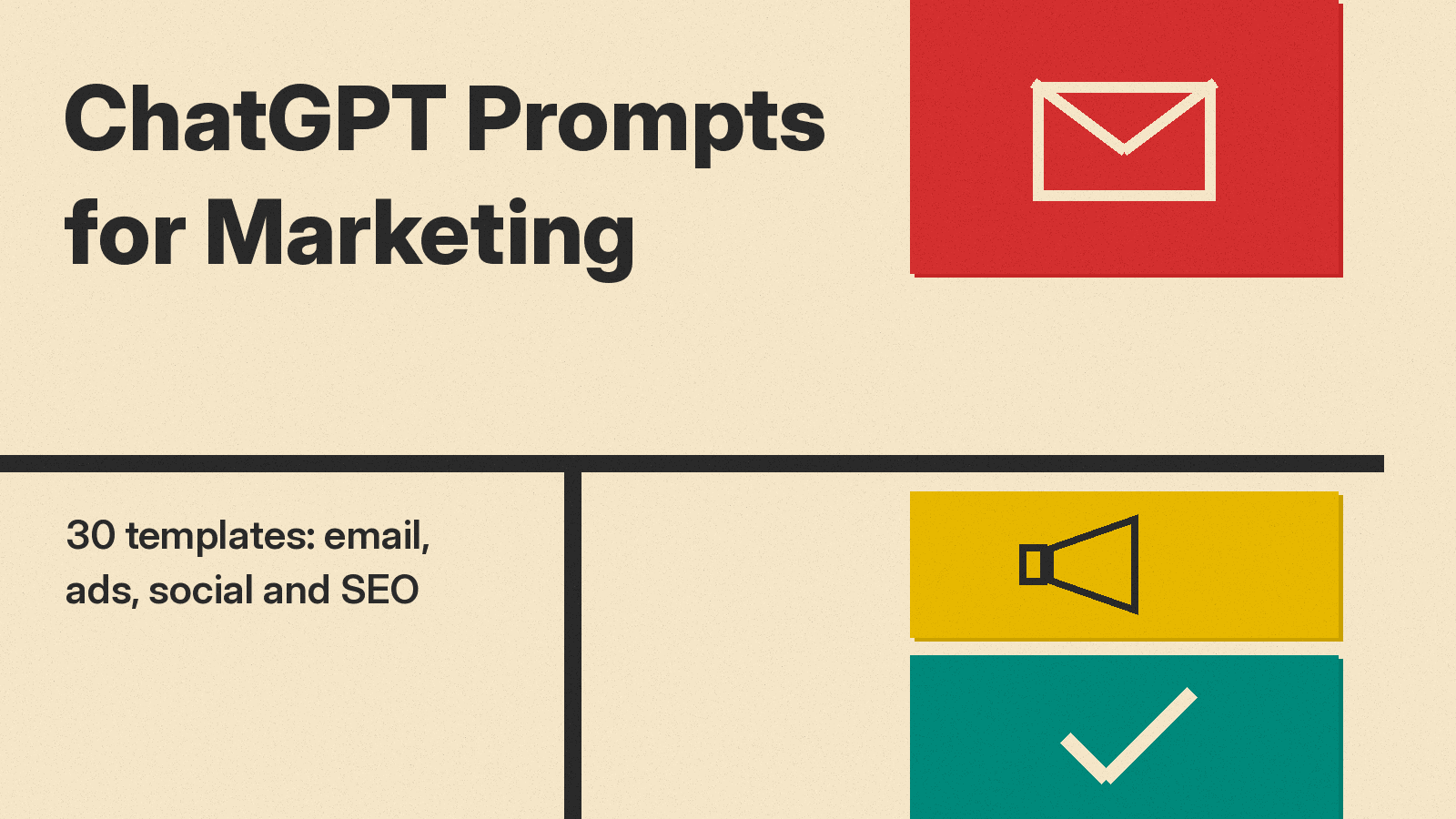 Olivetti-style cover: ChatGPT Prompts for Marketing title on cream paper beside red, mustard and teal blocks showing an envelope, a megaphone and a check mark