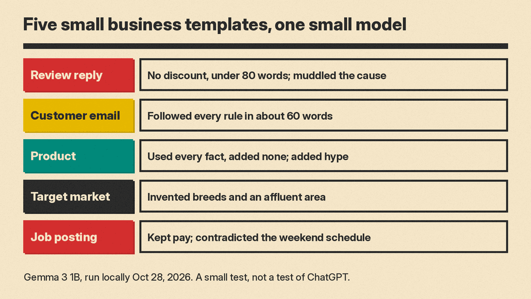 Table of five templates tested on Gemma 3 1B: review reply offered no discount and stayed under 80 words but muddled the cause; customer email followed every rule; product used every fact but added hype; target market invented breeds and an affluent area; job posting contradicted the weekend schedule