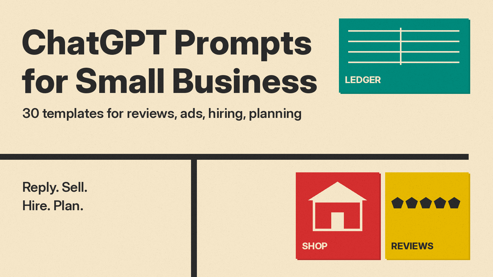 Olivetti-style cover: ChatGPT Prompts for Small Business title on cream paper beside red, mustard and teal blocks with shop, review stars and ledger icons