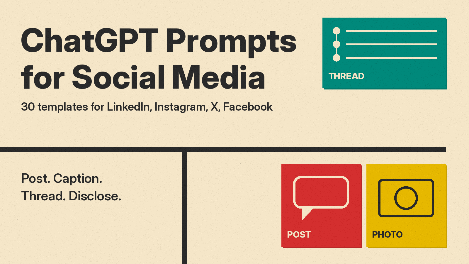 Olivetti-style cover: ChatGPT Social Media Prompts title on cream paper beside red, mustard and teal blocks with speech bubble, camera and thread icons