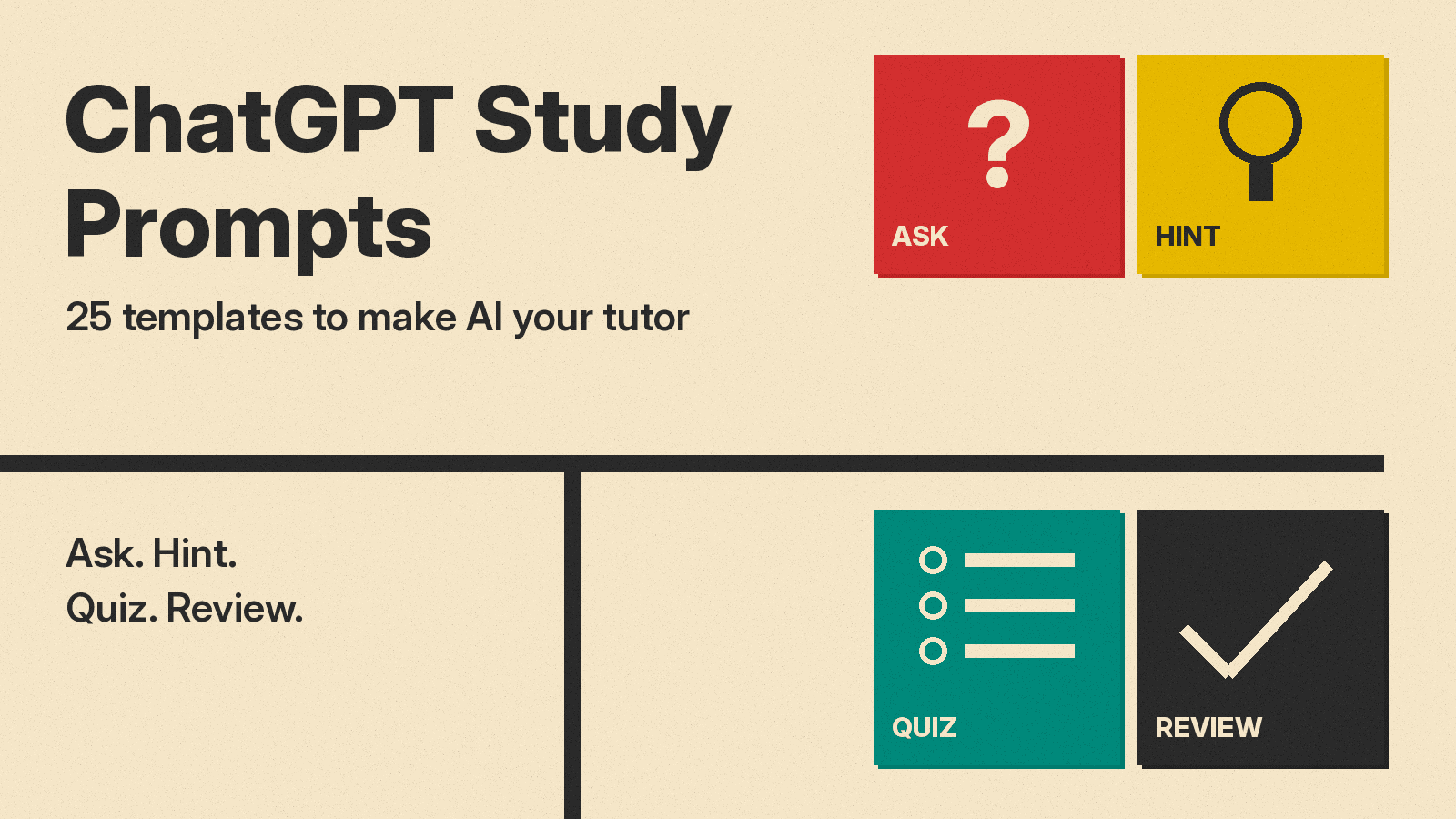 Olivetti-style cover: ChatGPT Study Prompts title on cream paper beside red, mustard, teal and charcoal blocks marked ask, hint, quiz and review