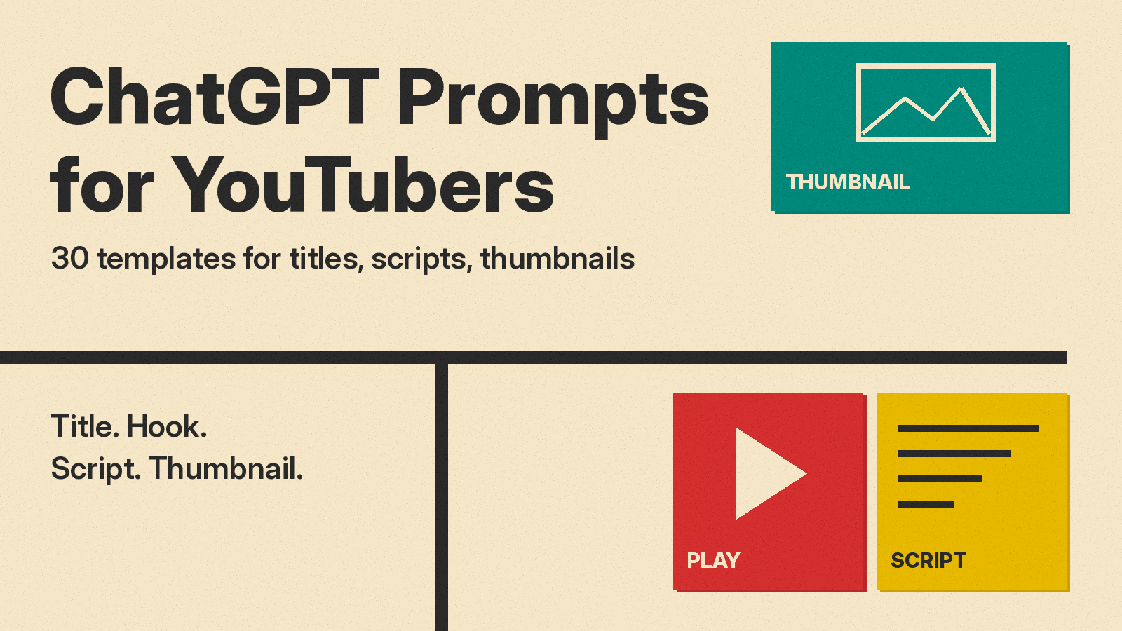 Olivetti-style cover: ChatGPT Prompts for YouTubers title on cream paper beside red, mustard and teal blocks with play, script and thumbnail icons