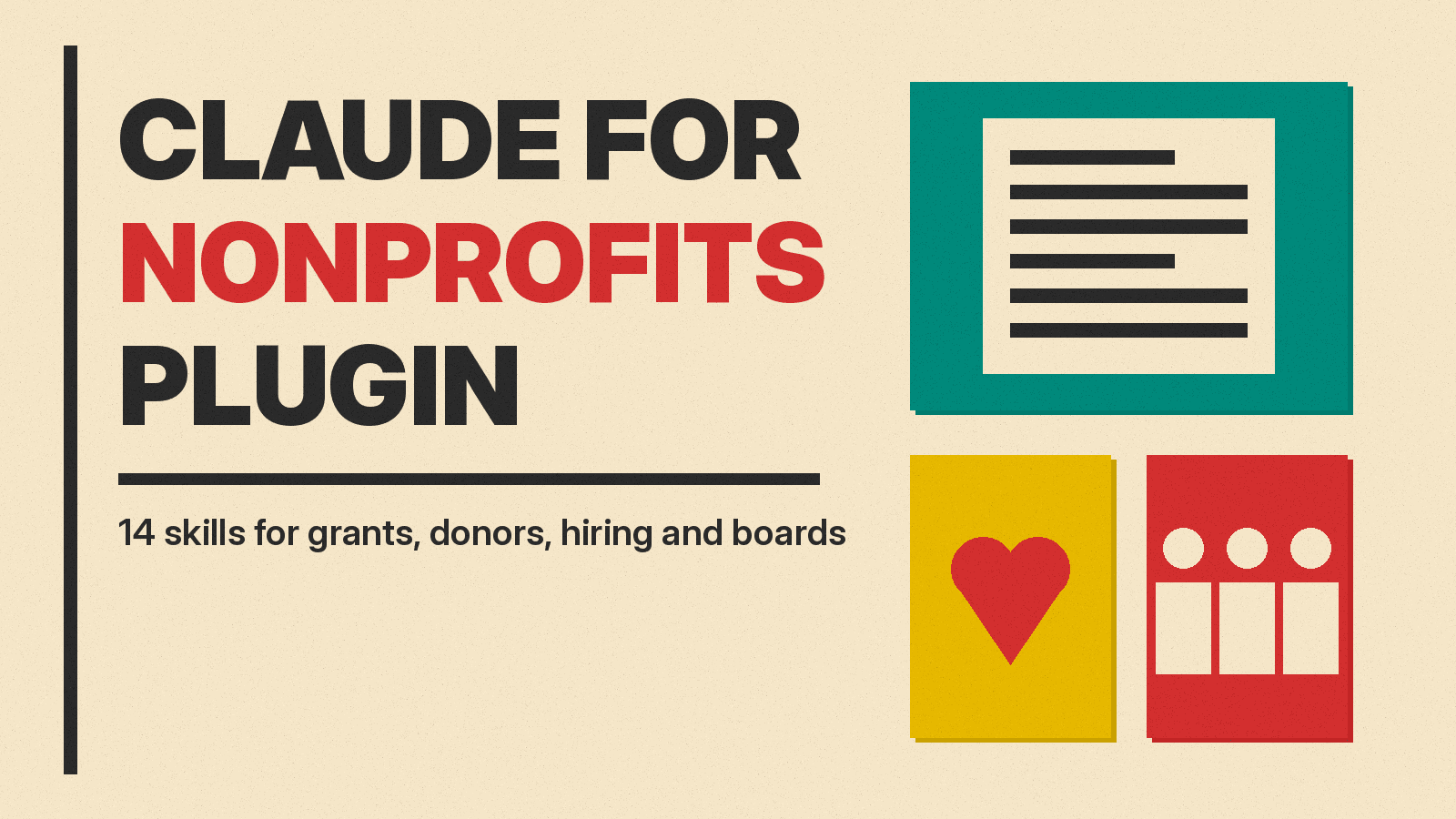 Olivetti-style cover reading CLAUDE FOR NONPROFITS with a grant document, a donor heart and a team of figures in color blocks