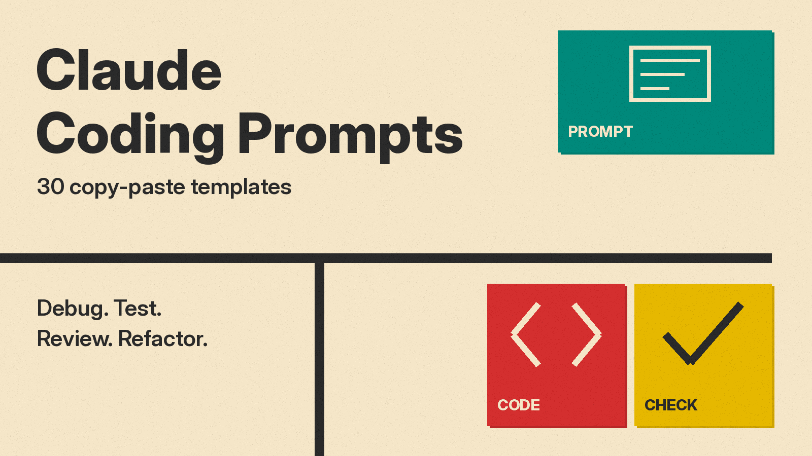 Olivetti-style cover: Claude Coding Prompts title on cream paper beside red, mustard and teal blocks with code bracket and checkmark icons