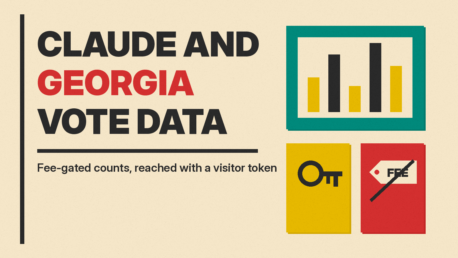 Olivetti-style cover reading CLAUDE AND GEORGIA VOTE DATA with a dashboard panel, a token key and a crossed-out fee tag