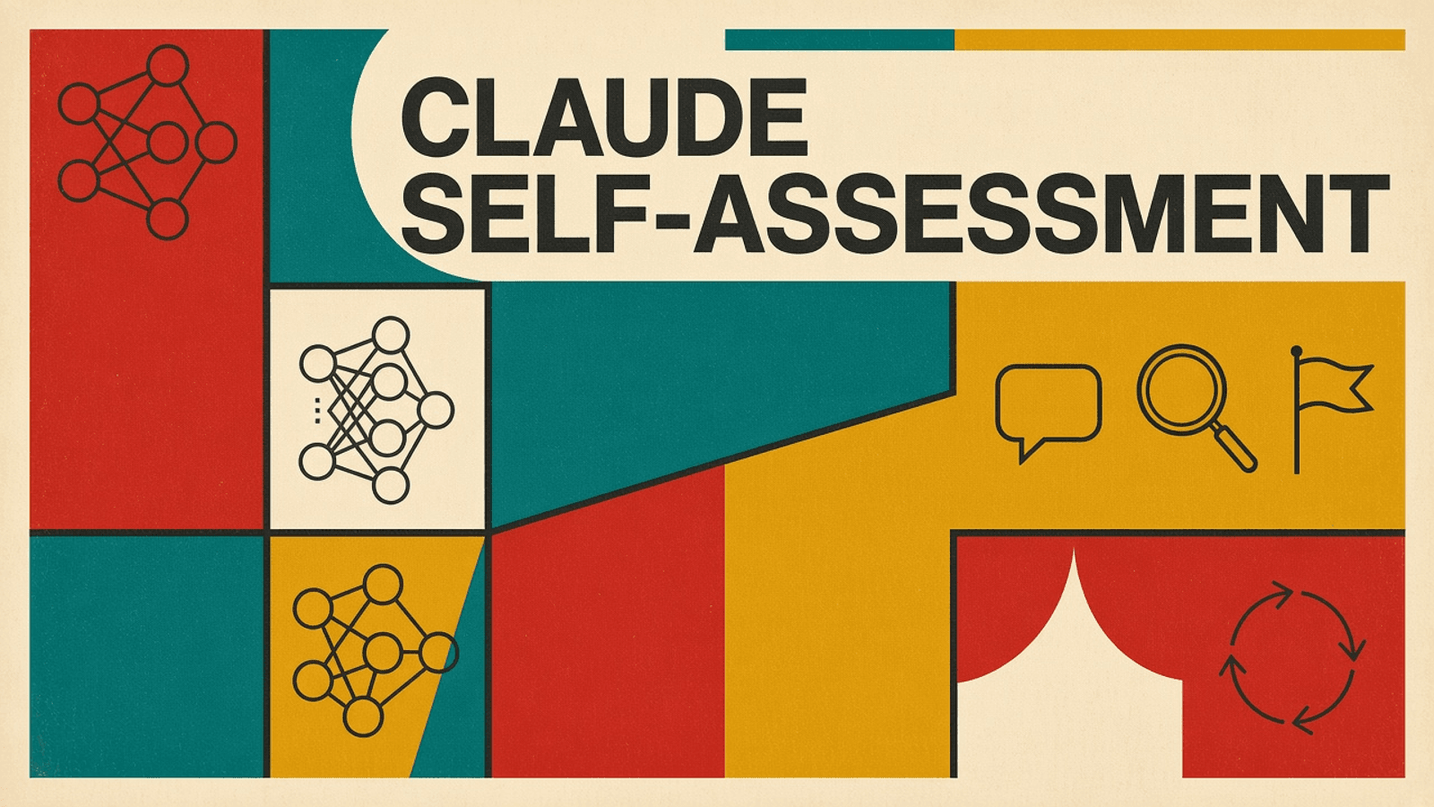 Olivetti-style cover reading CLAUDE SELF-ASSESSMENT with line icons of a chat bubble, a magnifying glass and a flag on red, teal and mustard color blocks