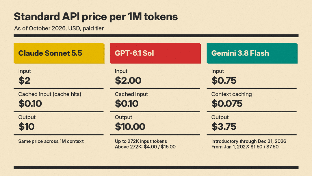 Price card: standard API prices per 1M tokens for Claude Sonnet 5.5, GPT-6.1 Sol, and Gemini 3.8 Flash, with Gemini's introductory price end date