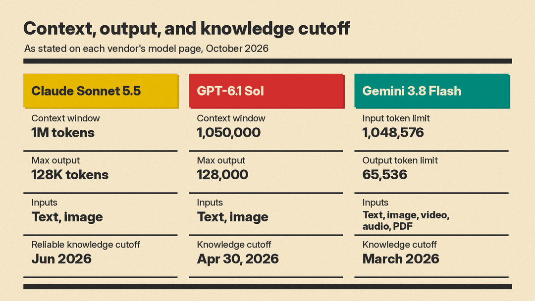 Spec card: context window, max output, input types, and knowledge cutoff for Claude Sonnet 5.5, GPT-6.1 Sol, and Gemini 3.8 Flash