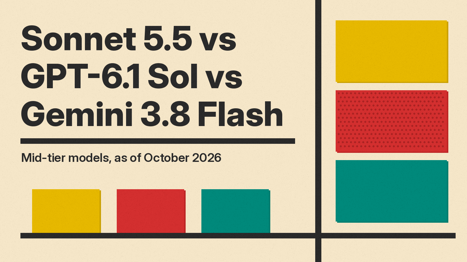 Cover reading Sonnet 5.5 vs GPT-6.1 Sol vs Gemini 3.8 Flash, Mid-tier models, as of October 2026, with mustard, red, and teal blocks