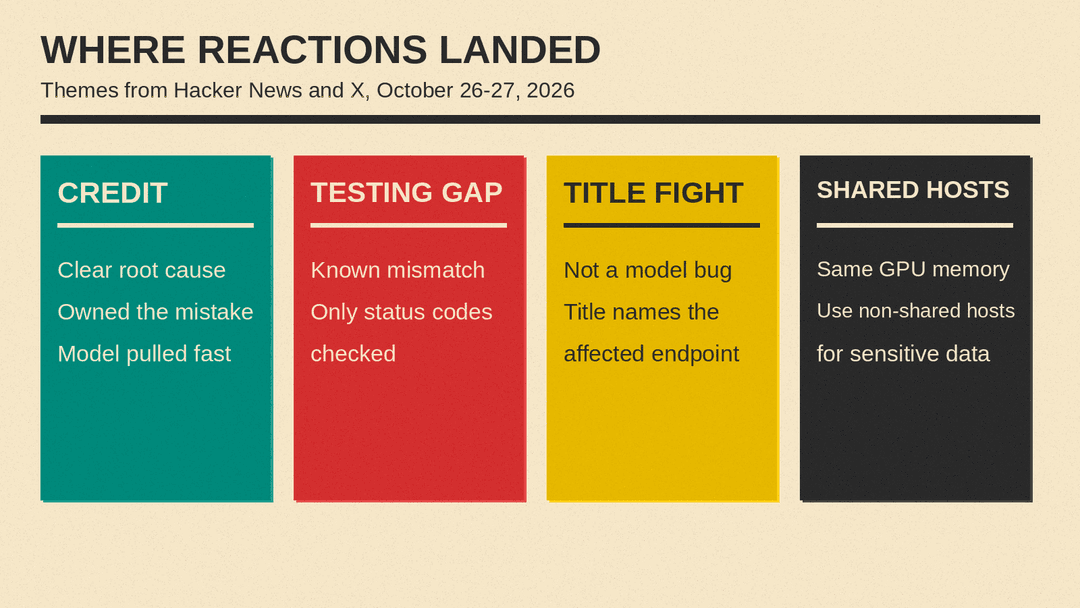 Panel of four reaction themes to the Cloudflare GLM-5.3 disclosure on Hacker News and X: credit, testing gap, title fight and shared hosts